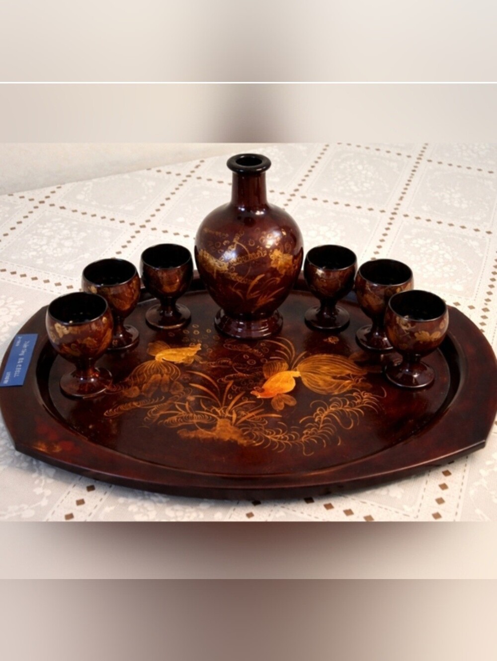 Vtg 60s tortoise shell gold lacquer Japanese koi fish tray goblet tea Sake set